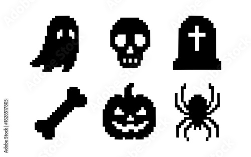 Pixel art halloween icons: ghost, skull, tombstone, bone, pumpkin, spider