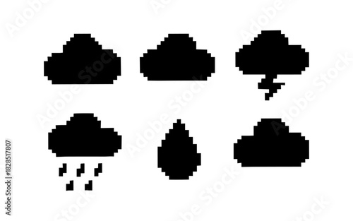 Pixel art weather icons: clouds, rain, lightning, droplet in retro style