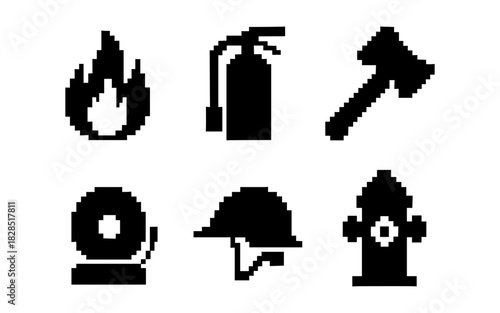 Pixel art safety icons collection: fire extinguisher, axe, helmet, fire hydrant