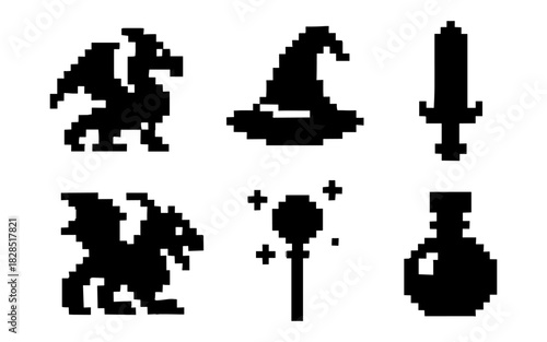 Pixel fantasy icons set: dragon, wizard hat, sword, potion, magic wand