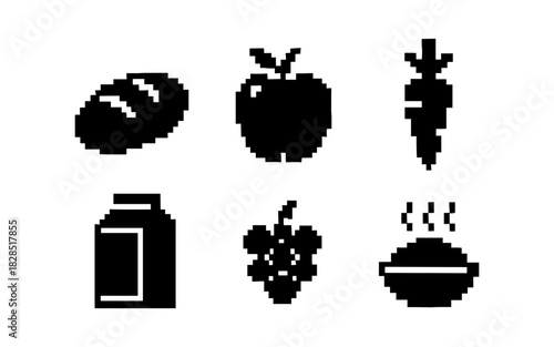 Pixel art icons of bread, apple, carrot, milk, grapes, and pie