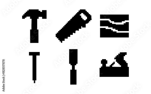 Silhouette of carpenter tools set in pixel art style with hammer, saw, chisel, and planer icons