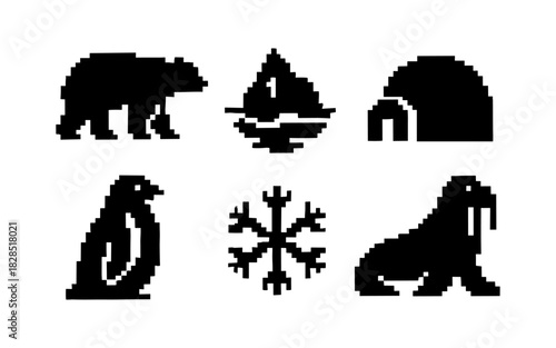 Pixel art arctic icons: polar bear, penguin, igloo, walrus, snowflake, sailboat