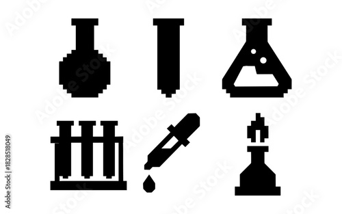 Retro pixel art lab equipment icons featuring beaker flask test tube and bunsen burner