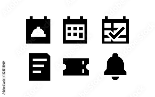 Icon set of calendars, documents, tickets, and notifications in minimal silhouette style