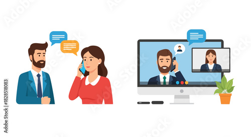 Business People Communicating Through Phone Calls and Video Conferencing.