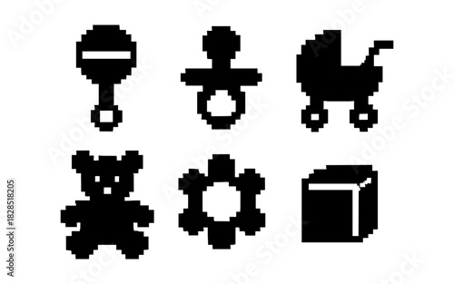 Pixelated baby icons: rattle, pacifier, stroller, teddy, flower, cube in minimalist style