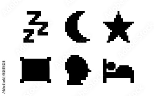 Pixel art sleep icons: moon, star, bed