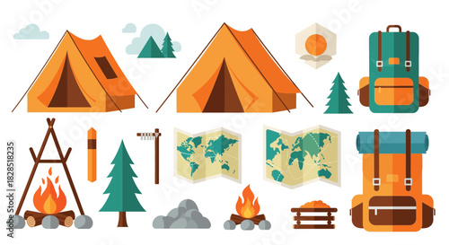 Camping Gear and Outdoor Adventure Elements Collection.