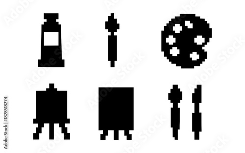 Pixel art icons of paint supplies: easel, palette, and brushes in black silhouette style