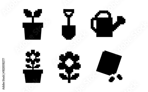 Retro pixel gardening tools and plants set for digital projects