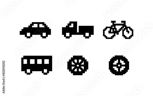 Retro pixel transportation icons: cars, bikes, buses, wheels in 8-bit design