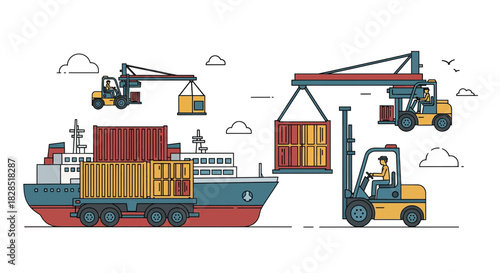 Cargo Ship Loading and Unloading with Cranes and Forklifts.