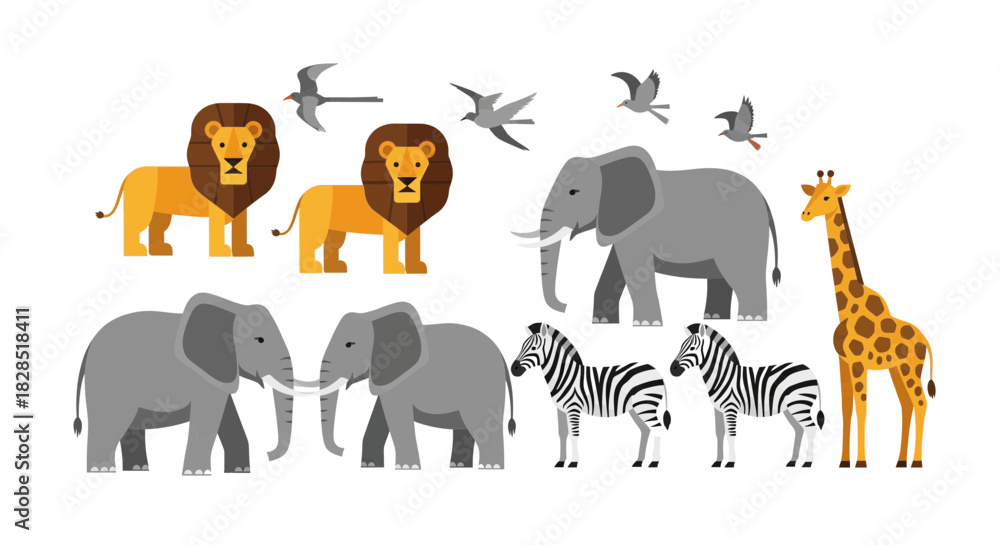 Fototapeta premium Collection of African Safari Animals in Flat Design Style.