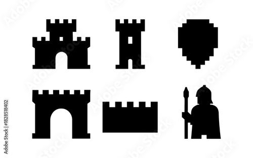 Medieval silhouette icons featuring castles, shields, and knights