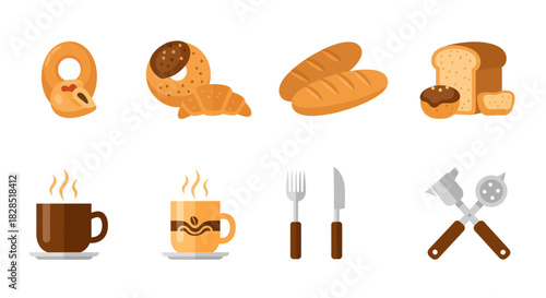 Collection of Baked Goods and Coffee Drinks with Utensils.