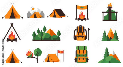 Collection of Camping and Outdoor Adventure Icons.