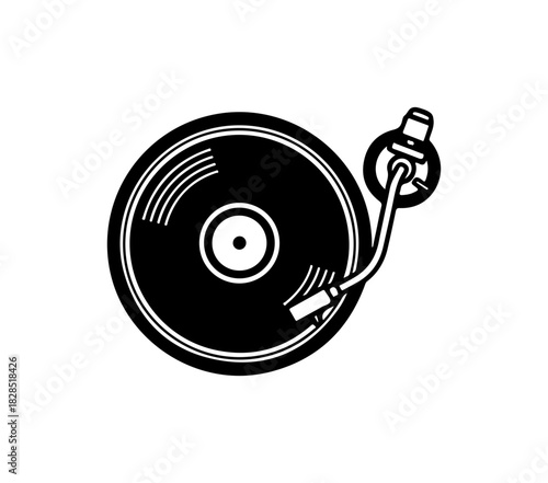 Vintage vinyl record player, black and white illustration for retro music enthusiasts