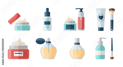 Collection of Cosmetic Products and Makeup Brushes.