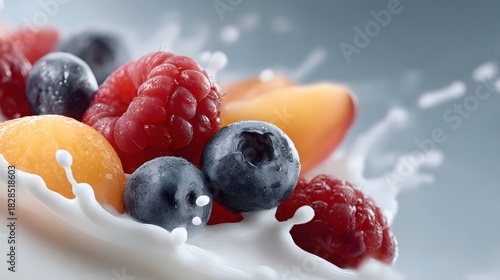 Fototapeta Naklejka Na Ścianę i Meble -  Fresh berries and fruits splashing into milk, yogurt, dynamic splash, healthy breakfast.