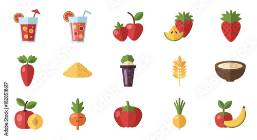 Collection of Fresh Fruits Vegetables and Drinks Icons.