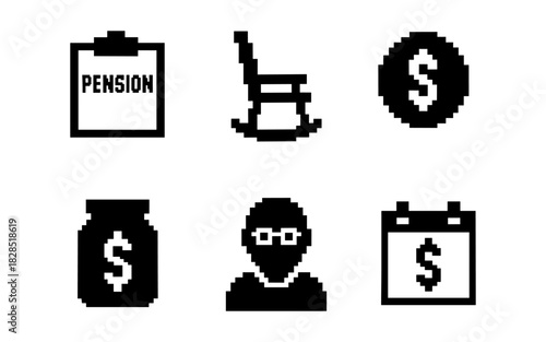 Pixel art retirement and finance icons set with pension symbols