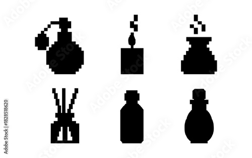Silhouette icons of perfume bottles and aromatherapy items in black and white