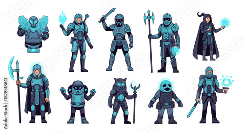 Collection of Futuristic SciFi Warrior Characters with Glowing Blue Accents.