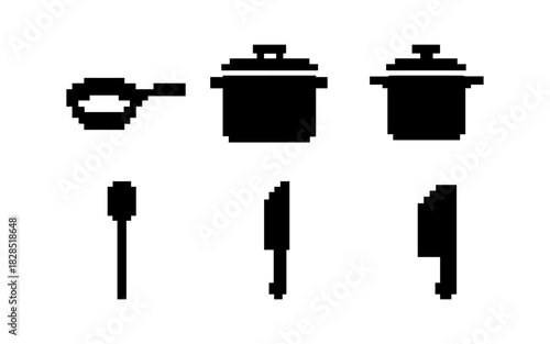 Pixel art kitchenware set with pots, pans, spoons, and knives