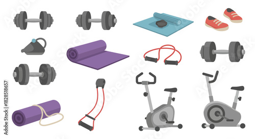 Collection of Home Gym Equipment and Fitness Accessories.