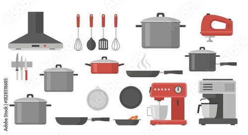 Collection of Kitchenware and Appliances for Cooking.