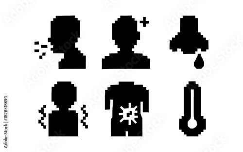 Pixel art symptoms icons: cough, fever, chills, runny nose