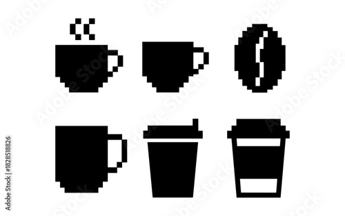Pixel art coffee icons set featuring mugs and cups