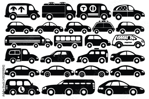 Collection of vehicle silhouettes isolated on white background