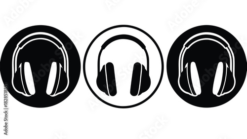 Three headphone icons in silhouette isolated on white background