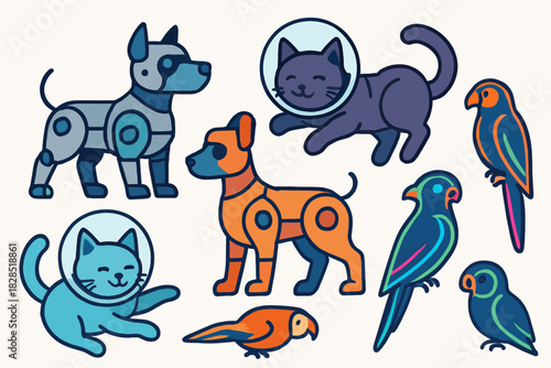 Collection of Robotic and Cartoon Animals in Various Poses.