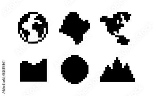Pixel art world map set featuring various iconic global landmarks