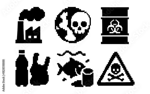 Pixel art environmental pollution icons: industry, toxic, waste, ocean