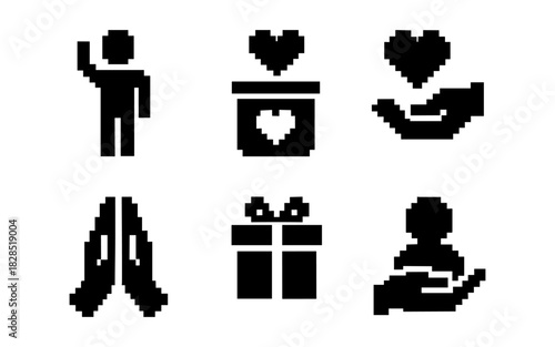 Pixel art charity icons: heart, gift, hands, and gratitude set