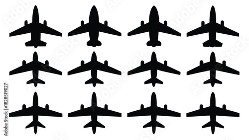 Collection of airplane silhouettes isolated on white background