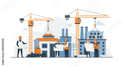 Construction Site with Cranes and Workers.