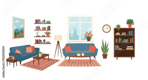 Cozy Living Room Interior with Blue Sofas and Bookshelves.