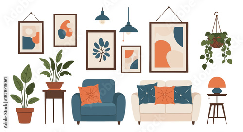 Cozy Living Room Interior with Modern Art and Plants.