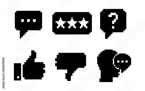 Pixel art social media icons with speech bubbles and ratings