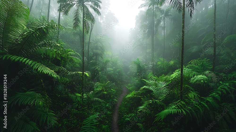 Fototapeta premium Foggy tropical jungle path leading through dense green rainforest with lush ferns and palm trees, a serene and mysterious natural landscape.