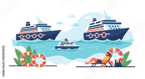 Cruise Ships Sailing on the Ocean with a Relaxing Person on the Beach.