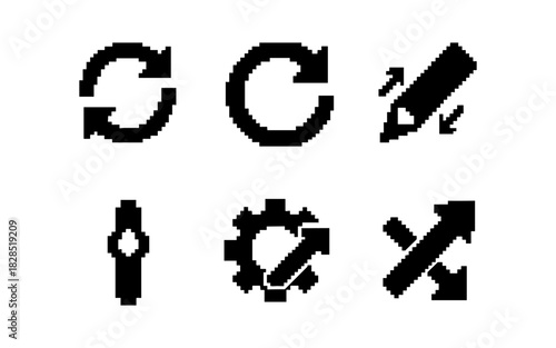 Set of minimalist pixel icons for refresh, pencil, settings, and resize functions