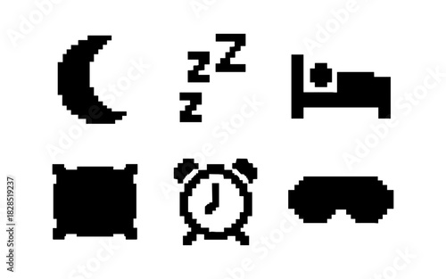 Pixel art nighttime icons: moon, sleeping symbols, and bedtime elements