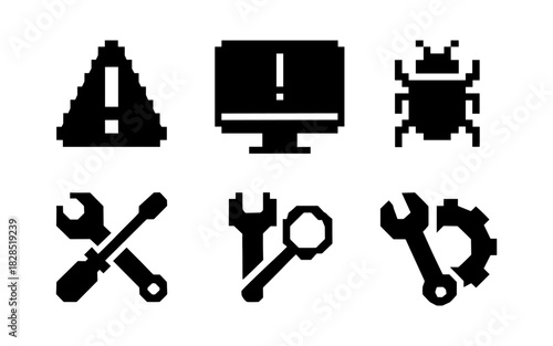 Pixel art icons: error alert, computer bug, and tools set for tech themes