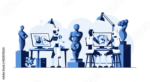 Digital artists working on 3D models and sculptures in a creative studio environment.